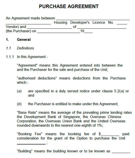 sample purchase agreement templates   sample templates