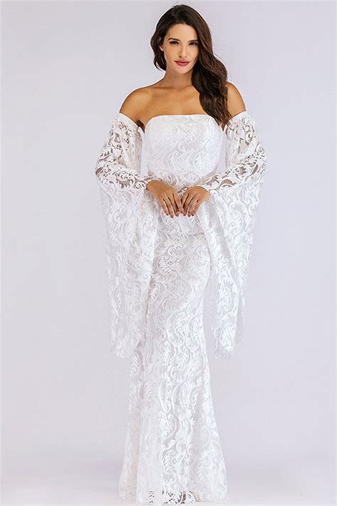 white lace maxi dress with off the shoulder and flare sleeve