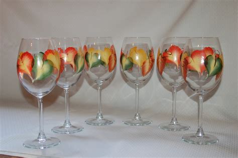 Hand Painted Wine Glasses Set Of 6 Fall Leaves