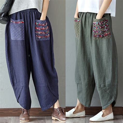 women retro wide leg harem pants cotton linen baggy long trousers pants