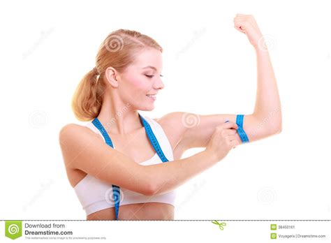 diet fitness woman fit girl with measure tape measuring her biceps stock image image 38450161