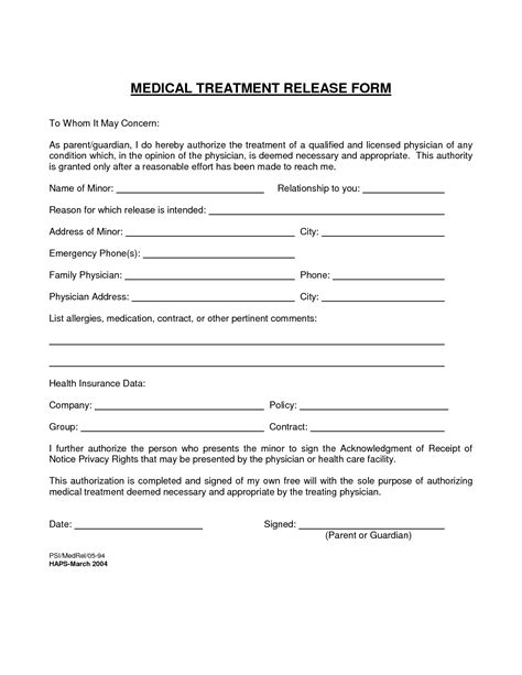 medical treatment release form  printable documents