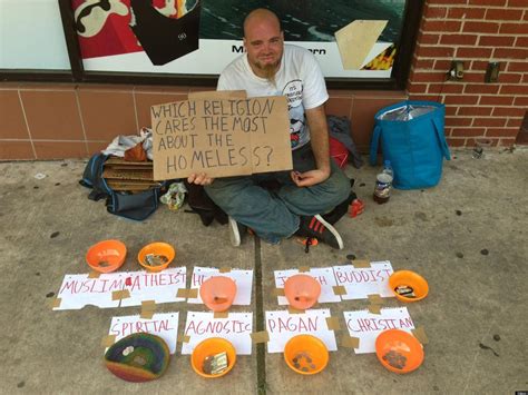 homeless man tests kindness  religions atheist passersby   give  money photo