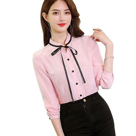 elegant ladies office shirts bow long sleeve slim women blouses fashion button solid color