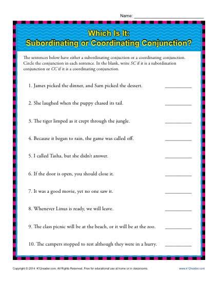 subordinating  coordinating conjunctions  worksheets samples