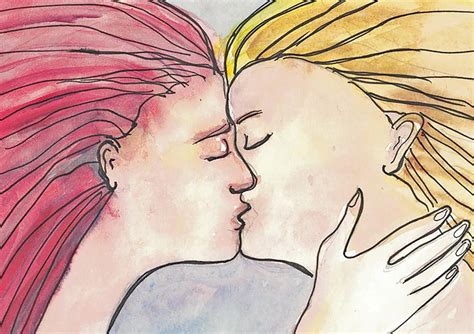 lesbian kiss art print of original watercolor anime style etsy
