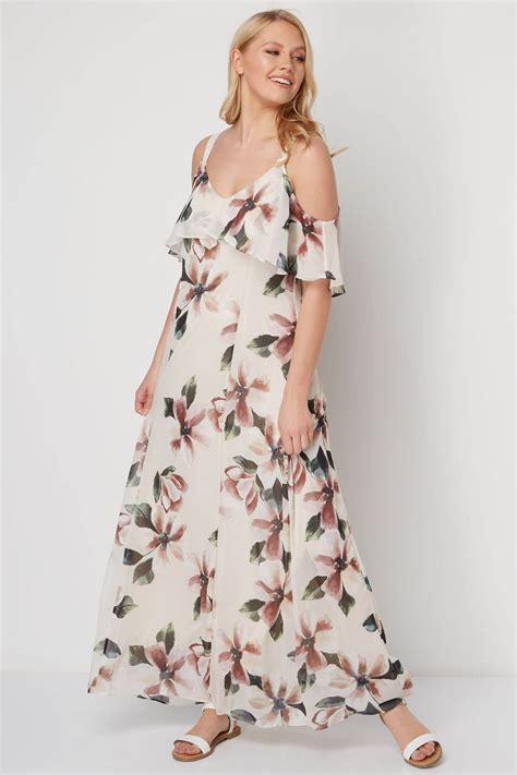 Cold Shoulder Chiffon Floral Maxi Dress In Neutral Roman Originals Uk