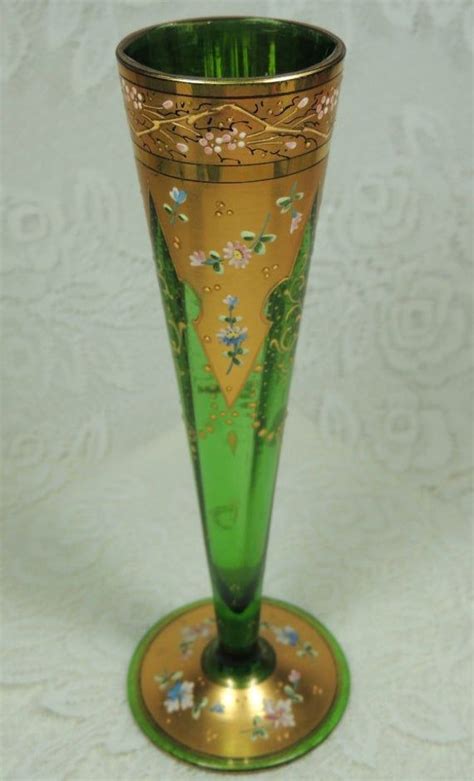 Antique Rare Moser Vase C 1900 Signed Emerald Green With Hand Etched