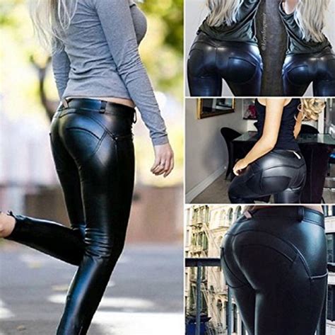 Faux Leather Pu Elastic Shaping Hip Push Up Pants Black Sexy Leggings