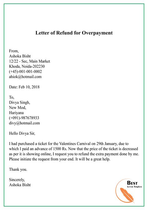 sample letter  request  refund  overpayment leterwq