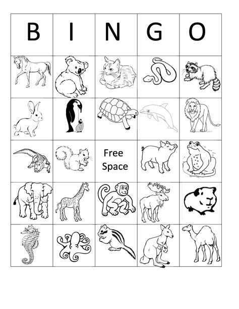 printable animal bingo card  black  white coloring sheet birthday