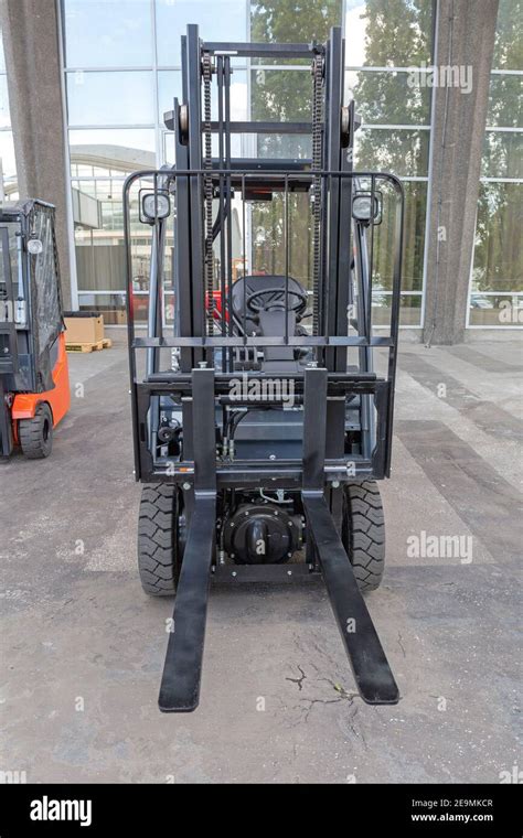 front view  forklift truck lifting device stock photo alamy