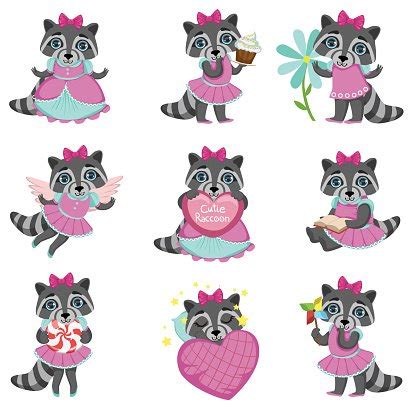 cute girl raccoon cartoon set clipart image