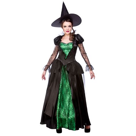 Witches Outfit Ladies Halloween Emerald Witch Fancy Dress Costume Size
