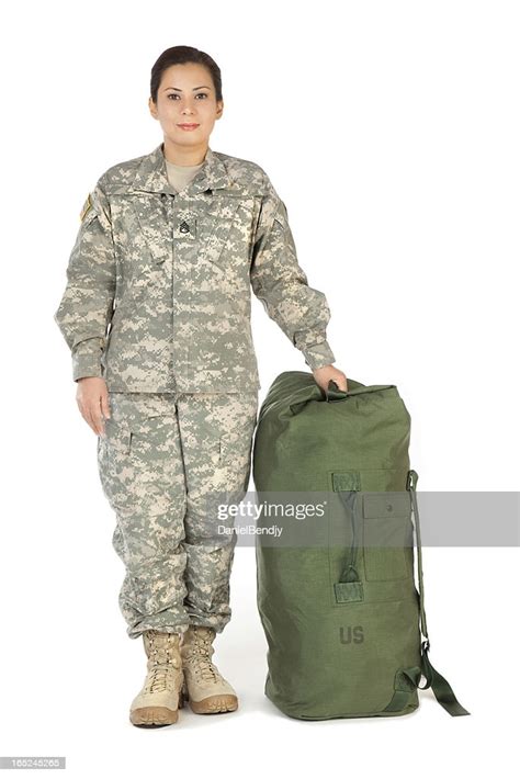 Female American Soldier In Army Camouflage Uniform Stock