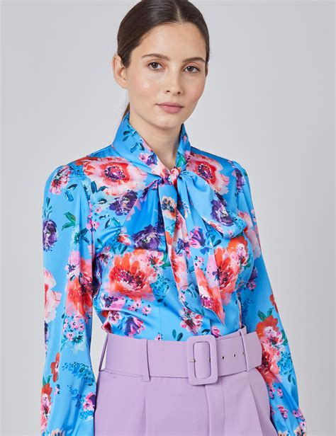 women s blue and red floral fitted satin blouse single cuff pussy bow