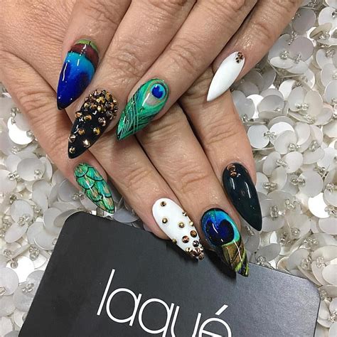 peacock inspired nails crystals  atlaquenailbar  instagram