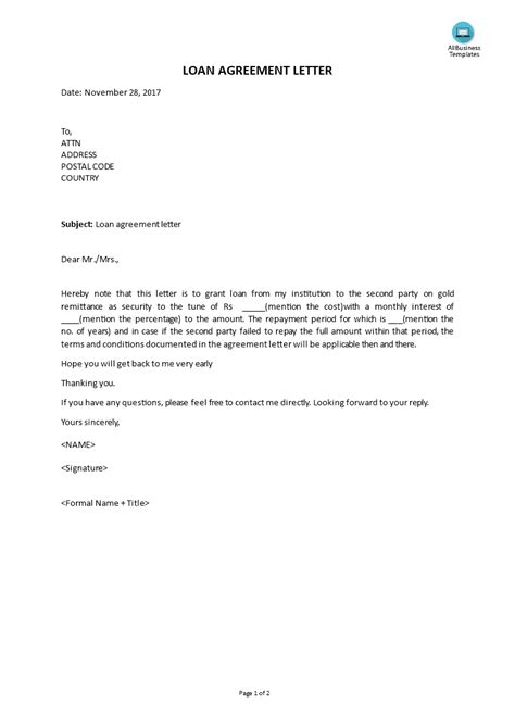 loan agreement letter template  template
