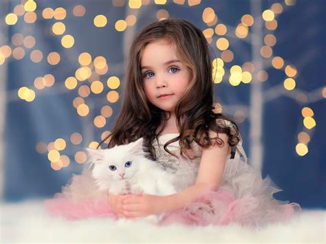 Wallpaper Cute Girl White Kitten Lights Bokeh • Wallpaper For You Hd
