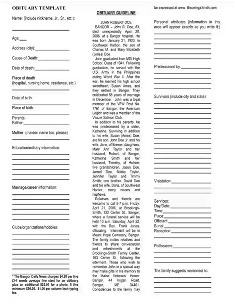 obituary template fill  printable  forms