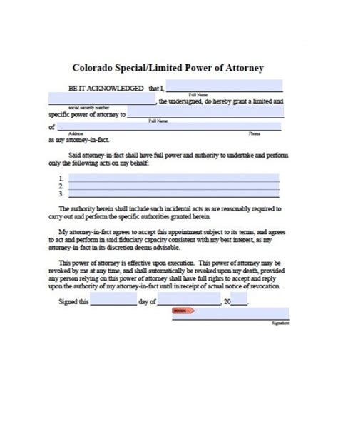 colorado limited special power  attorney form power  attorney