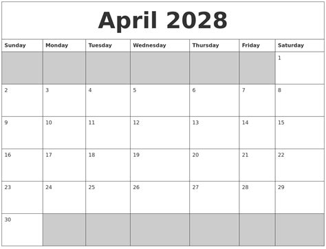 April 2028 Blank Printable Calendar