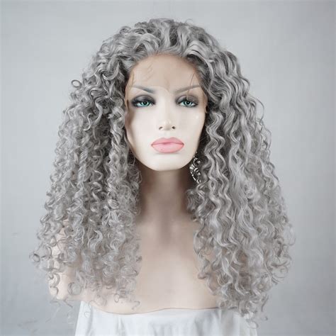 afro gray hair curly long halloween lace front wig heat resistant