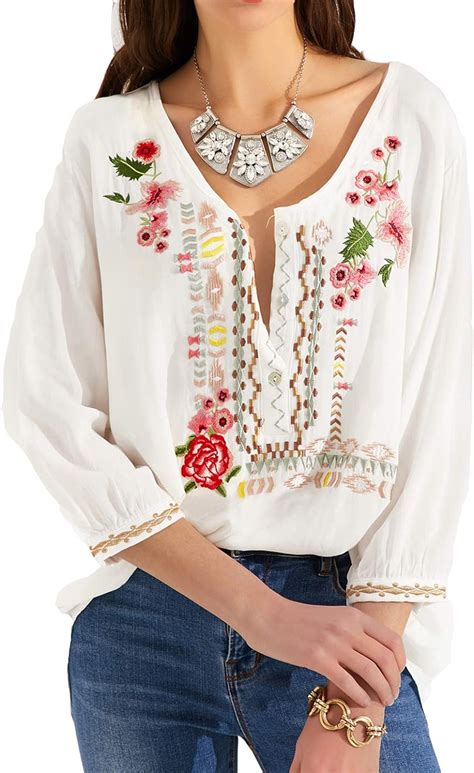 mansy womens embroidered tops  sleeve bohemian  neck loose mexican