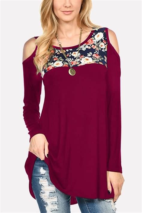 Dark Red Floral Cold Shoulder Long Sleeve Casual T Shirt Shirts Women