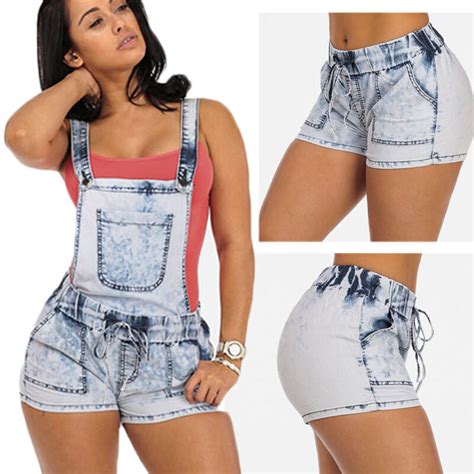 womens girls ripped denim jumpsuit hole jeans shorts casual overall