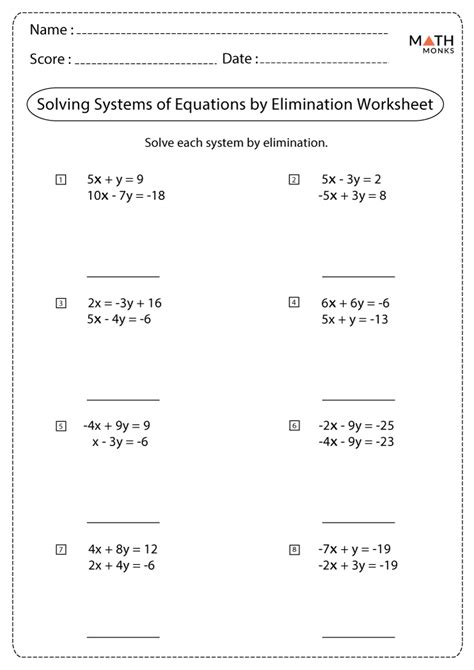 solving systems  equations  elimination worksheets math monks