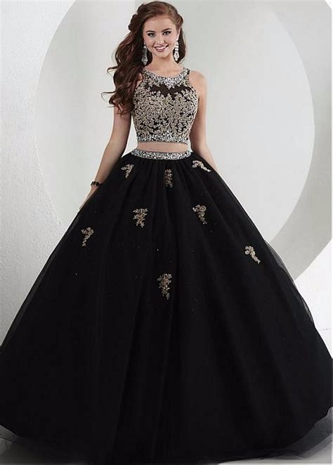 Black Dress Appliques Two Pieces Ball Gown Prom Dresses Long Floor