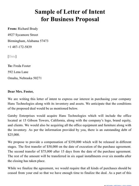 sample letter  intent  business proposal  printable
