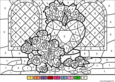 roses  heart color  number coloring page printable