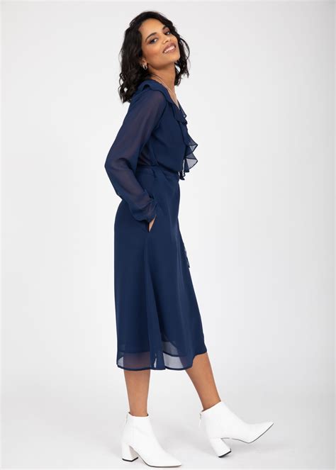 Navy Blue Sheer Midi Wrap Dress With Long Sleeves Likemary