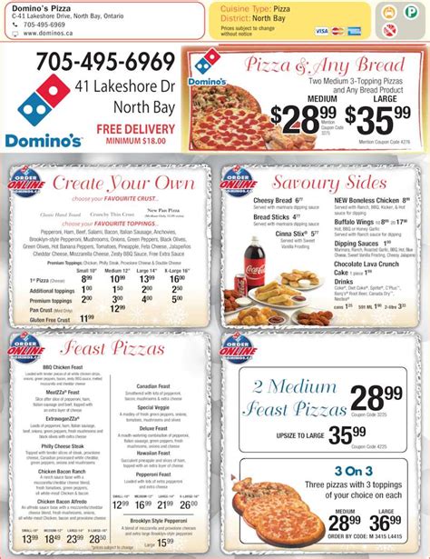 dominos pizza menu hours prices  lakeshore dr north bay
