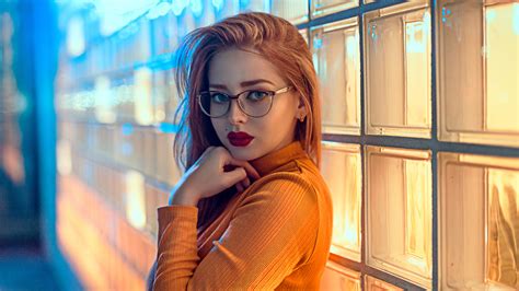Wallpaper Redhead Women With Glasses Face Long Hair Red Lipstick