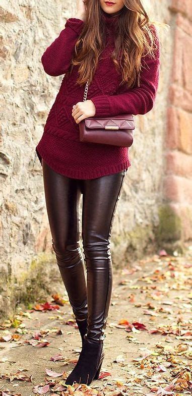 Street Fashion For Fall Burgundy Sweater And Leather Pants Luvtolook