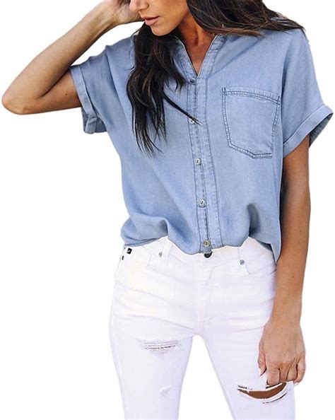 women blouse amlaiworld women casual soft denim shirt tops blue jean button short sleeve blouse