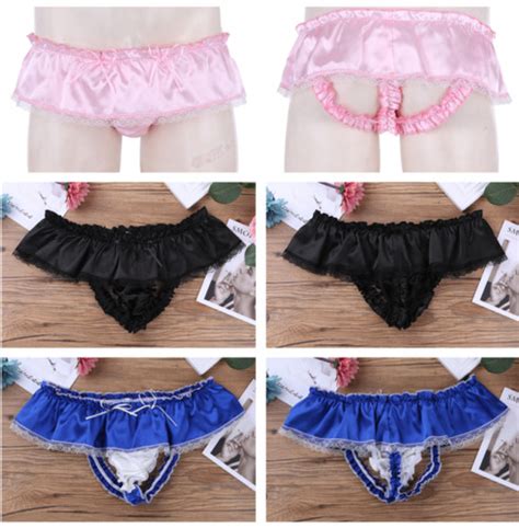 mens satin thongs sissy lace briefs sexy open back skirted panties
