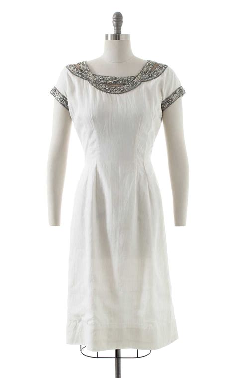 1960s beaded rhinestone linen wiggle dress medium gem