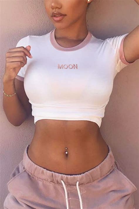 Moon Embroidery White Top Bellybutton Piercings Crop