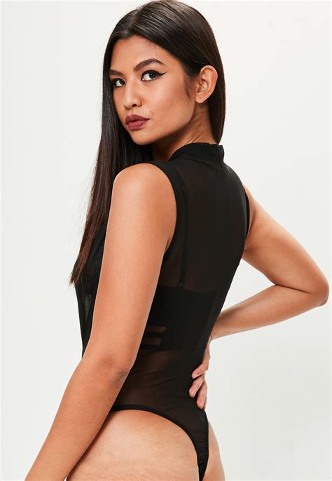 lyst missguided black mesh plunge bodysuit in black