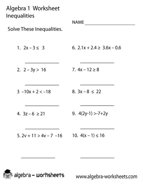 inequalities algebra  worksheet printable