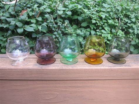 Vintage Multi Colored Etched Glass Brandy Snifters Cognac Cordials Set