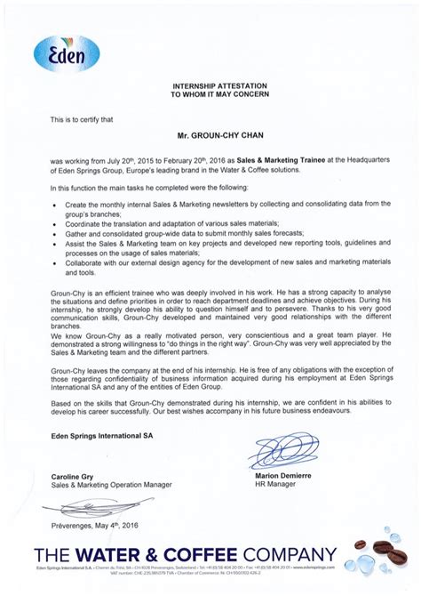 recommendation letter internship attestation