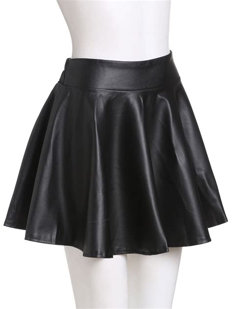 black faux leather elastic waist flare skirtfor women romwe  imagenes ropa de moda moda