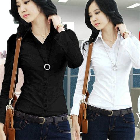 women korea office lady slim long sleeved blouses white ol cotton