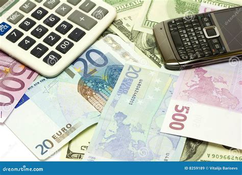 dollar euro banknotes calculator  cellphone stock image image  exchange invest