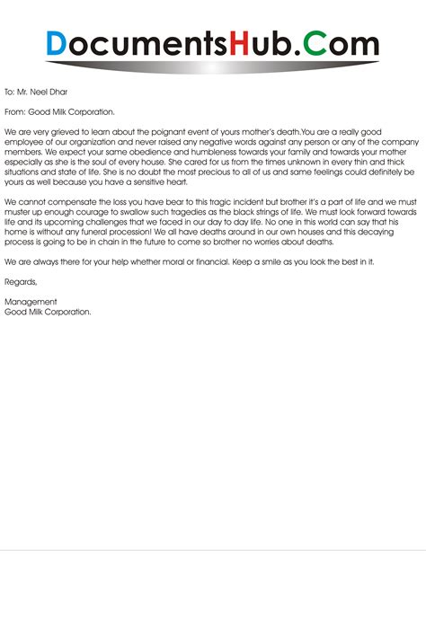 condolence letter  employerdocumentshubcom